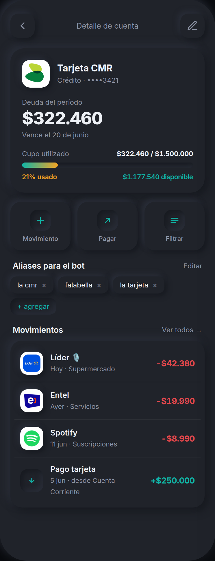 Detalle de una tarjeta de crédito en Chauchera: deuda del período, cupo usado y disponible, alias del bot y movimientos.