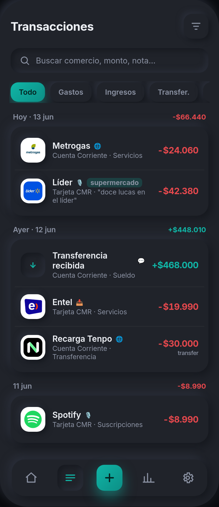 Transacciones de Chauchera agrupadas por día, con el logo real de cada comercio y el origen de cada registro.